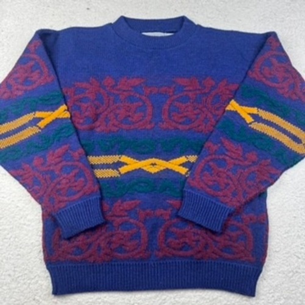 GITANO Vintage 90s Men's‎ Blue Patterned Knit Sweater Eclectic Grandpa Small